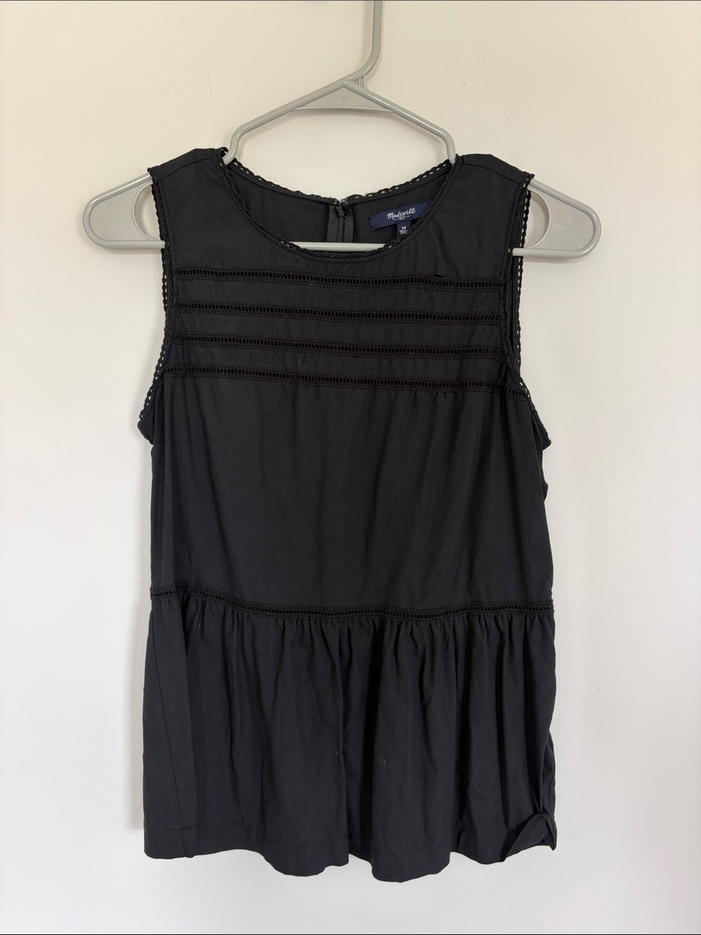 Madewell 100% Silk Black Crochet-Trim Sleeveless Peplum Camisole